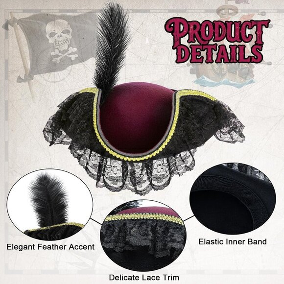 Pirate Costume Hat Women Polyester Tricorn Halloween Renaissance Accessory main image 7